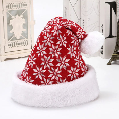 Snowflake & Elk Knitted Velvet Christmas Hat – Winter Thicken Hat for Adults