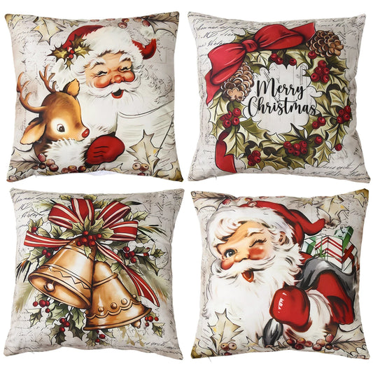 4pcs Christmas Pillow Covers – 45x45cm Throw Pillowcases for 2024 Xmas & New Year Sofa Décor