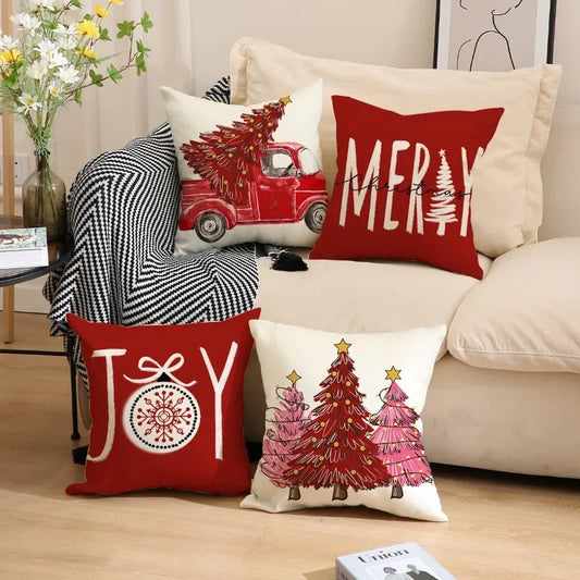 4pcs Christmas Red Pillow Covers – 45x45cm Farmhouse Holiday Cushion Cases for Sofa & Couch