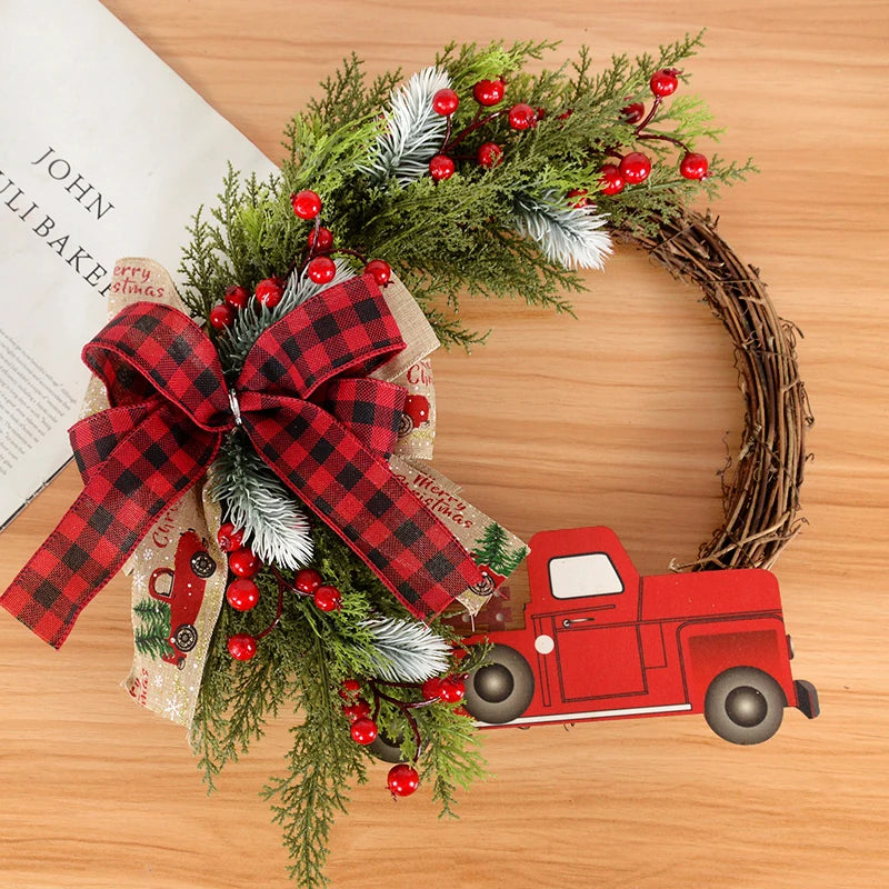 38cm Christmas Door Wreath Garland – Wooden Car & Red Berry Wall Hanging Ornament for Festive Home Decor