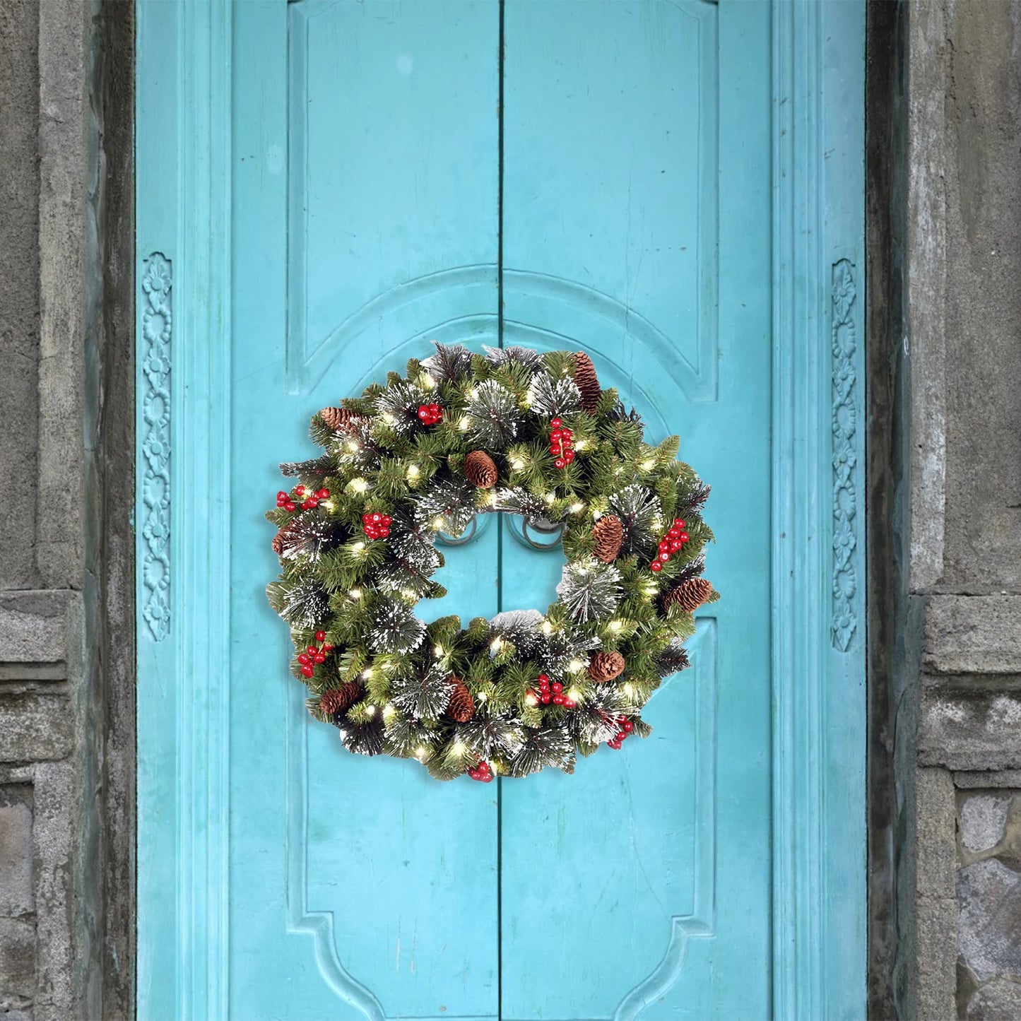 30-40cm LED Christmas Pinecone Wreath – Artificial Red Berry Wreath for Festive DIY Decorations