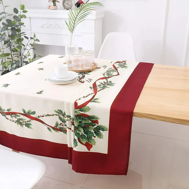 Christmas Floral Printed Stain-Resistant Rectangular Tablecloth – Perfect for Festive Celebrations