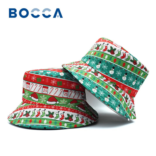 BOCCA Cartoon Christmas Bucket Hat – Reversible Red, Green, & White Fisherman Hat for Festive Outdoor Fun