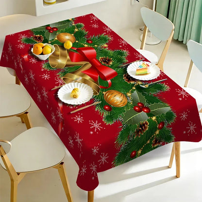 Christmas Festive Bells and Holly Rectangle Waterproof Tablecloth – Perfect Holiday Party Decor