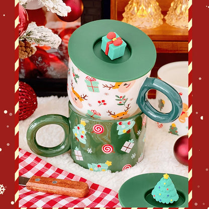 400ml Kawaii Christmas Ceramic Mug with 3D Lid – Cute Coffee, Tea, & Milk Cup