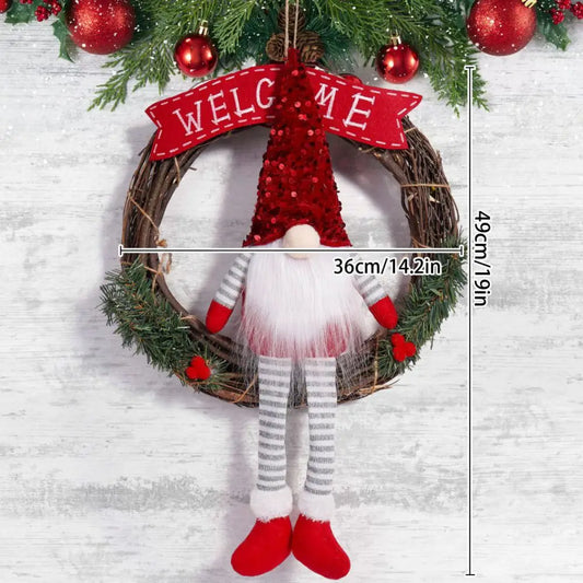 14-Inch Christmas Gnome Wreath for Front Door – Welcome Sign with Plush Ornament for Holiday Home Decor