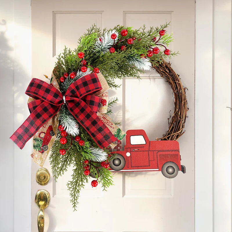 38cm Christmas Door Wreath Garland – Wooden Car & Red Berry Wall Hanging Ornament for Festive Home Decor