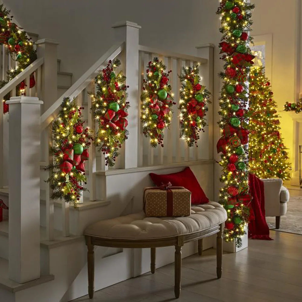 Christmas Staircase Wreath with LED Lights – Festive Garland of Berries, Balls & Bows for Windows, Staircases & Holiday Decor