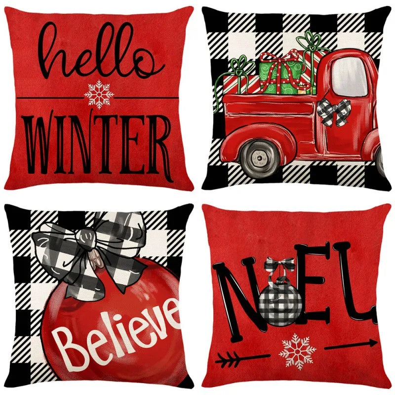 4 Pcs Farmhouse Christmas & Winter Holiday Pillow Cushion Cover Set – Red & White Country Décor