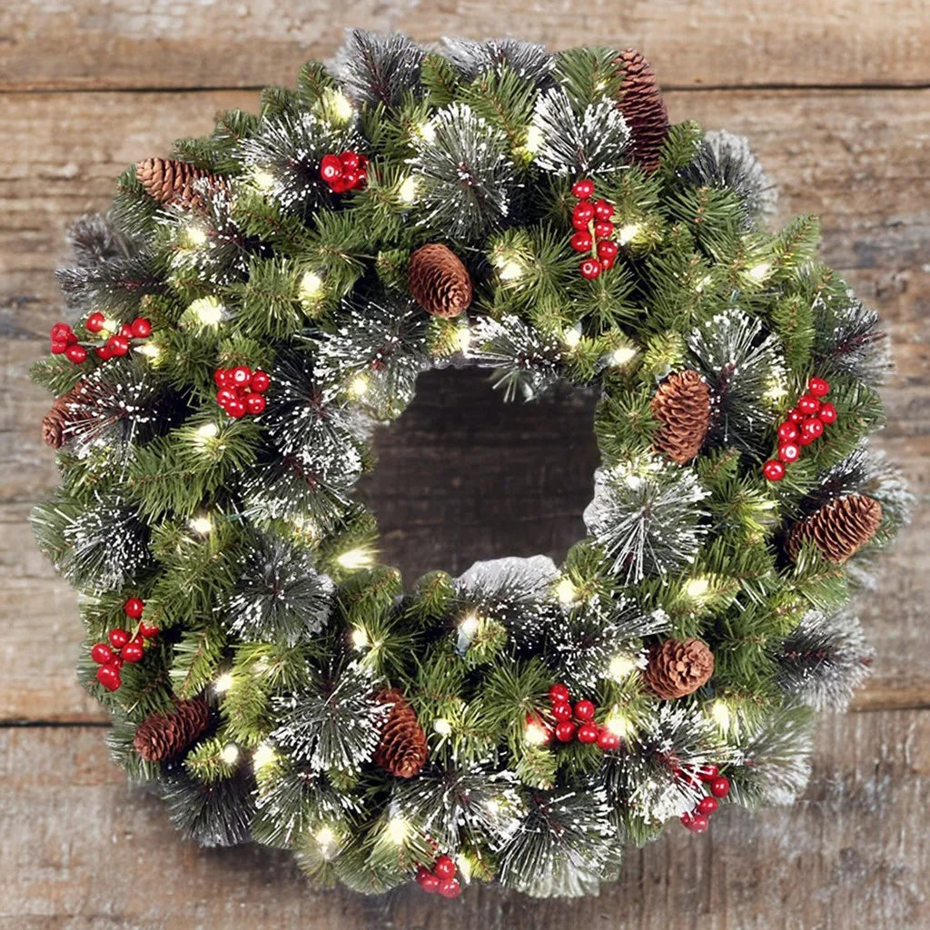 30-40cm LED Christmas Pinecone Wreath – Artificial Red Berry Wreath for Festive DIY Decorations