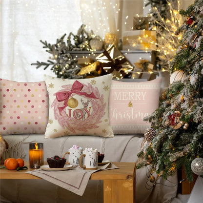 Pink & Gold Snowflake Christmas Tree Pillow Set – 4-Piece Winter Vacation Cushion Set