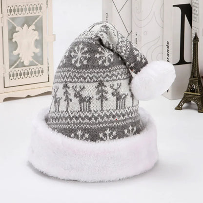 Snowflake & Elk Knitted Velvet Christmas Hat – Winter Thicken Hat for Adults