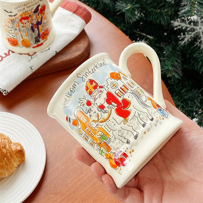 Christmas Cartoon Painting Ceramic Cup with Handle – High-Temperature Resistant Milk & Coffee Mug