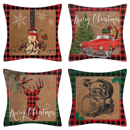 4 Pcs Farmhouse Christmas & Winter Holiday Pillow Cushion Cover Set – Red & White Country Décor