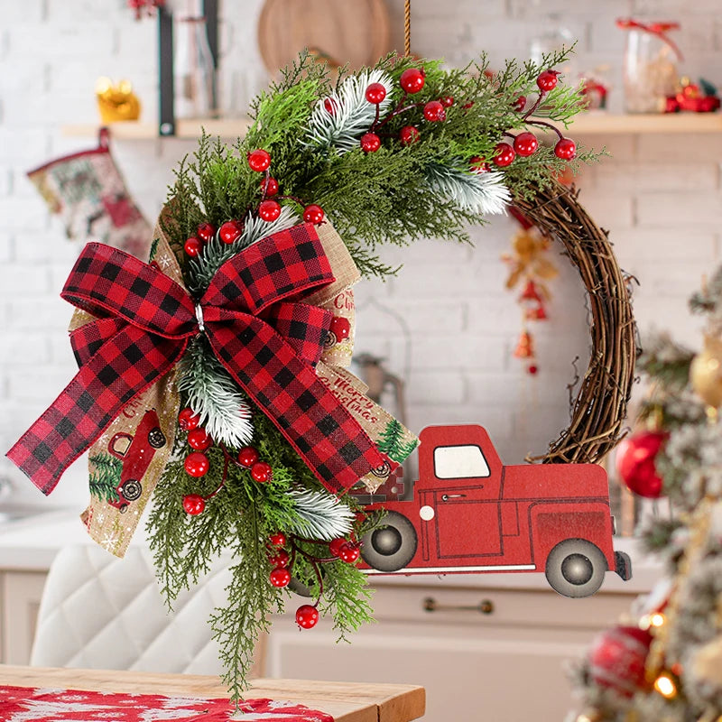 38cm Christmas Door Wreath Garland – Wooden Car & Red Berry Wall Hanging Ornament for Festive Home Decor