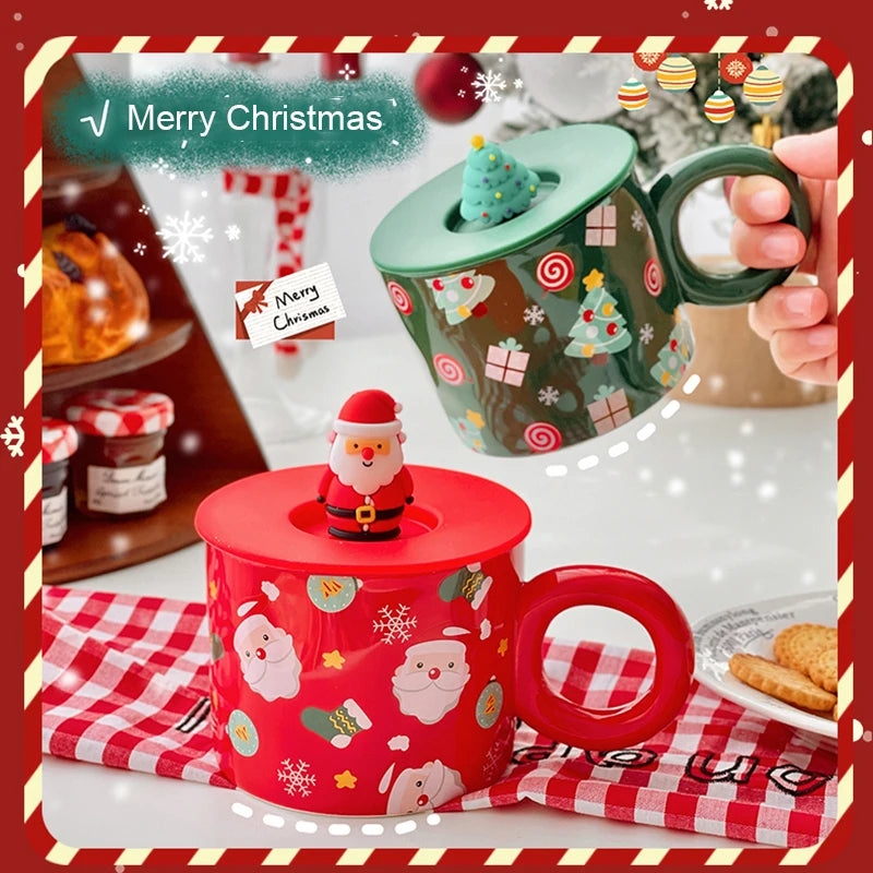 400ml Kawaii Christmas Ceramic Mug with 3D Lid – Cute Coffee, Tea, & Milk Cup