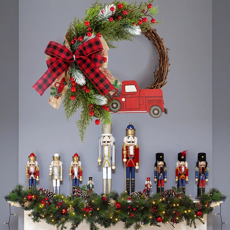 38cm Christmas Door Wreath Garland – Wooden Car & Red Berry Wall Hanging Ornament for Festive Home Decor