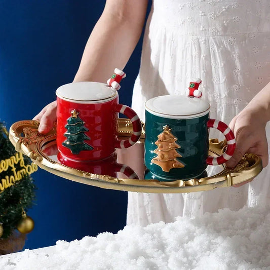 380ml Christmas Tree Ceramic Mug with Lid – Festive Coffee Cup with Large Handle