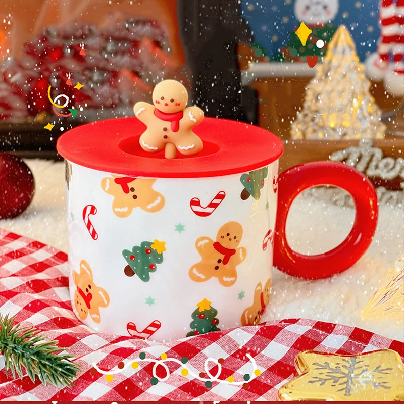 400ml Kawaii Christmas Ceramic Mug with 3D Lid – Cute Coffee, Tea, & Milk Cup