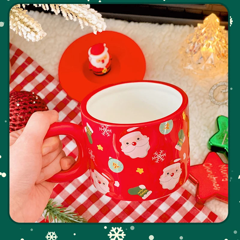 400ml Kawaii Christmas Ceramic Mug with 3D Lid – Cute Coffee, Tea, & Milk Cup