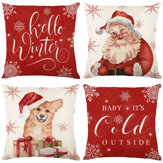 4 Pcs Farmhouse Christmas & Winter Holiday Pillow Cushion Cover Set – Red & White Country Décor