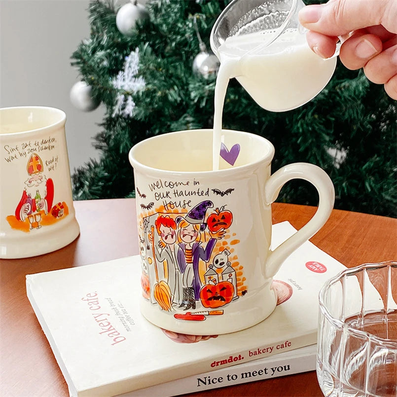 Christmas Cartoon Painting Ceramic Cup with Handle – High-Temperature Resistant Milk & Coffee Mug