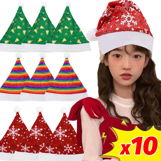 Colorful Christmas Hats – Shiny Snowflake & Rainbow Red Santa Claus Hats (5-10pcs)