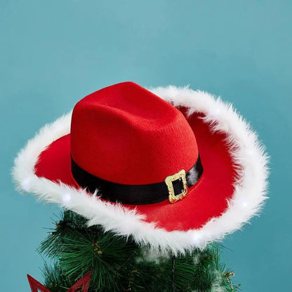 Christmas LED Santa Cowgirl Hat – Fluffy Edge Western Cowboy Hat with Lights for Club & Party Atmosphere