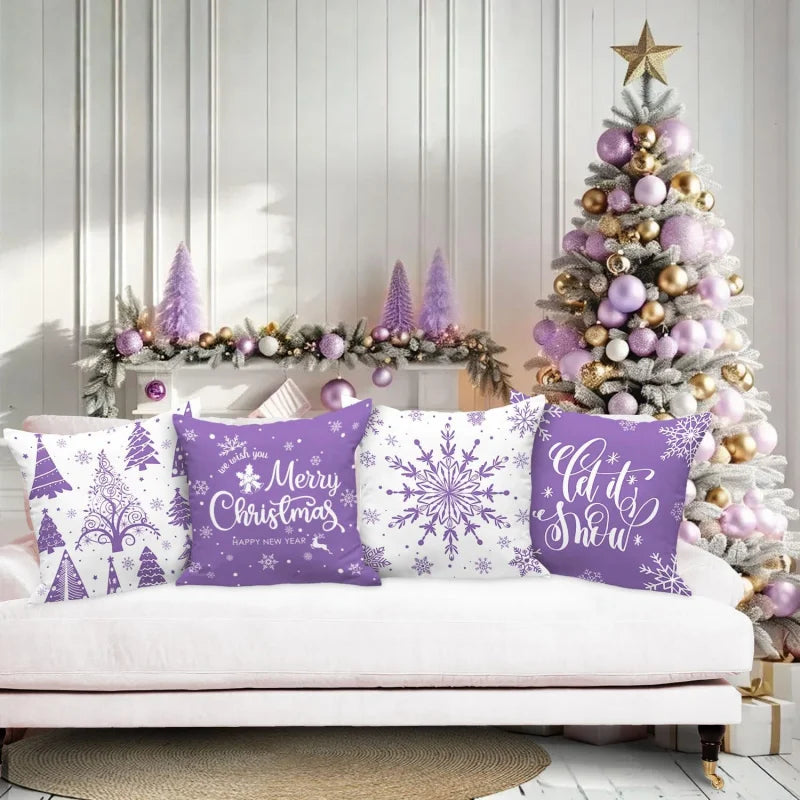 Merry Christmas Pillow Set – 4-Piece Winter Snowflake Festival Cushions for Indoor Farmhouse Décor