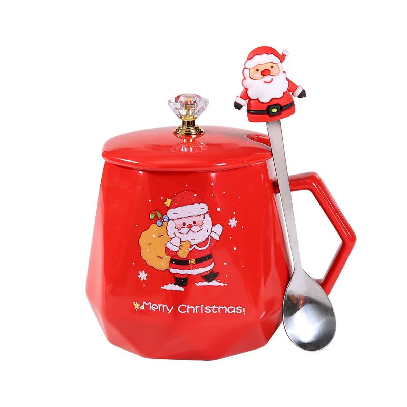 400ml Cartoon Santa Claus & Elk Ceramic Mug – Creative Breakfast Milk, Tea & Coffee Cup with Lid