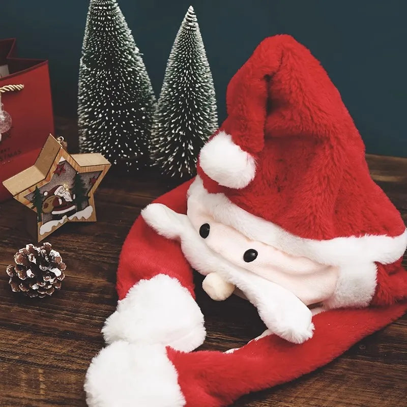 Funny Plush Santa Claus Hat with Moving Ears & LED Lights – Cute Christmas Headwear for Adults & Kids