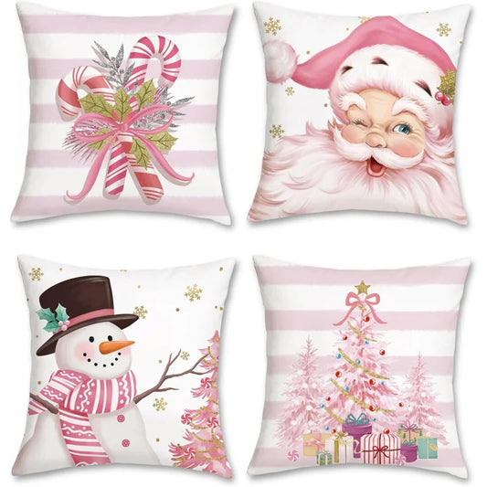 Pink Christmas Pillow Set – Santa Claus, Snowman, Candy Cane & Christmas Tree Winter Festival Décor (4-Piece Set)