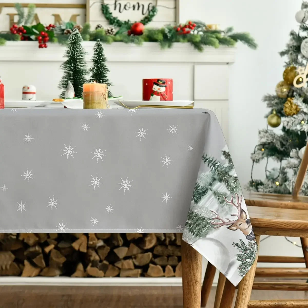 Christmas Elk & Snowman Rectangle Waterproof Tablecloth – Holiday Party Decor