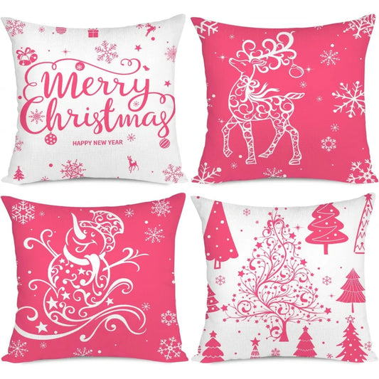 Pink Christmas Pillow Set – 4-Piece Christmas Tree, Deer, Snowman Holiday Farmhouse Cushion Covers