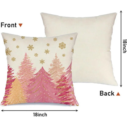 Pink & Gold Snowflake Christmas Tree Pillow Set – 4-Piece Winter Vacation Cushion Set