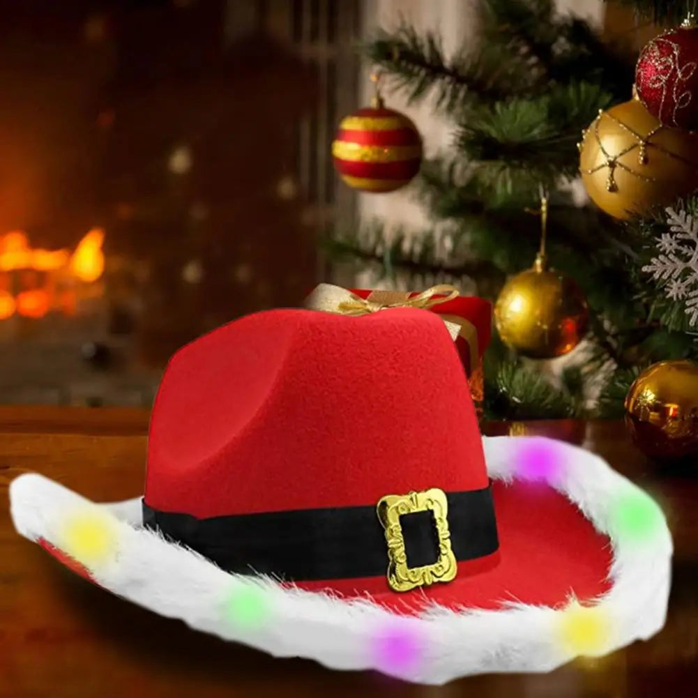 Christmas LED Santa Cowgirl Hat – Fluffy Edge Western Cowboy Hat with Lights for Club & Party Atmosphere