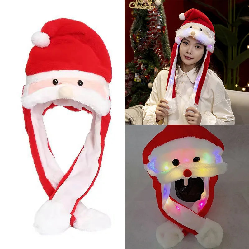 Funny Plush Santa Claus Hat with Moving Ears & LED Lights – Cute Christmas Headwear for Adults & Kids