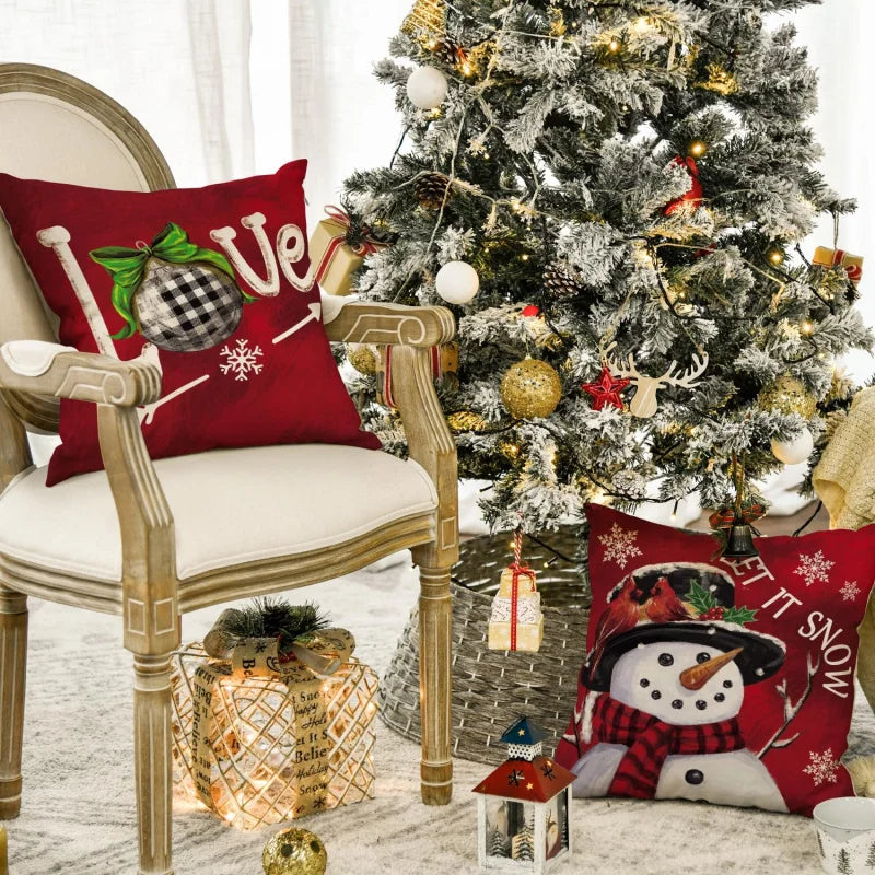 Merry Christmas Snowman Red Pillow Set – Christmas Tree Holiday Cushions for Sofa Décor (4-Piece Set)