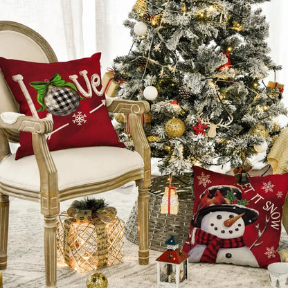 Merry Christmas Snowman Red Pillow Set – Christmas Tree Holiday Cushions for Sofa Décor (4-Piece Set)