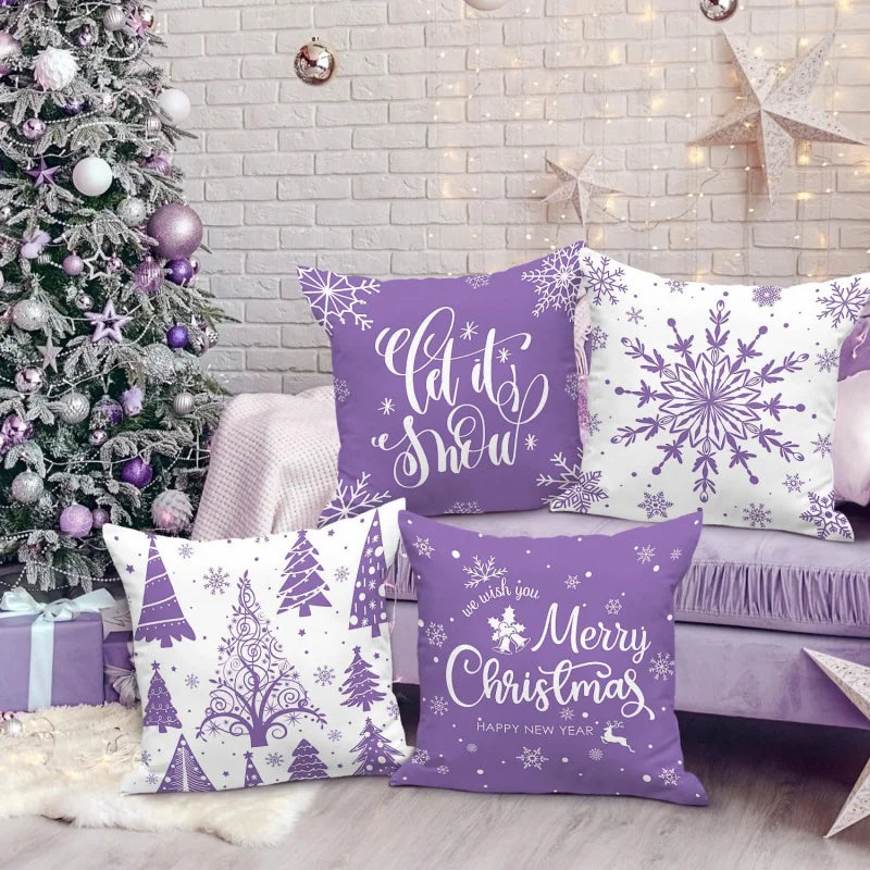 Merry Christmas Pillow Set – 4-Piece Winter Snowflake Festival Cushions for Indoor Farmhouse Décor