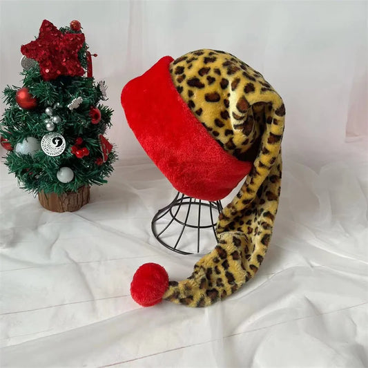 Red Leopard Pattern Plush Christmas Hat – 30-75cm Long Holiday Decorative Hat