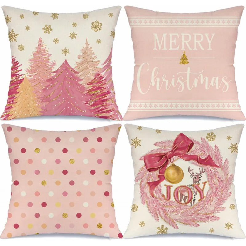 Pink & Gold Snowflake Christmas Tree Pillow Set – 4-Piece Winter Vacation Cushion Set