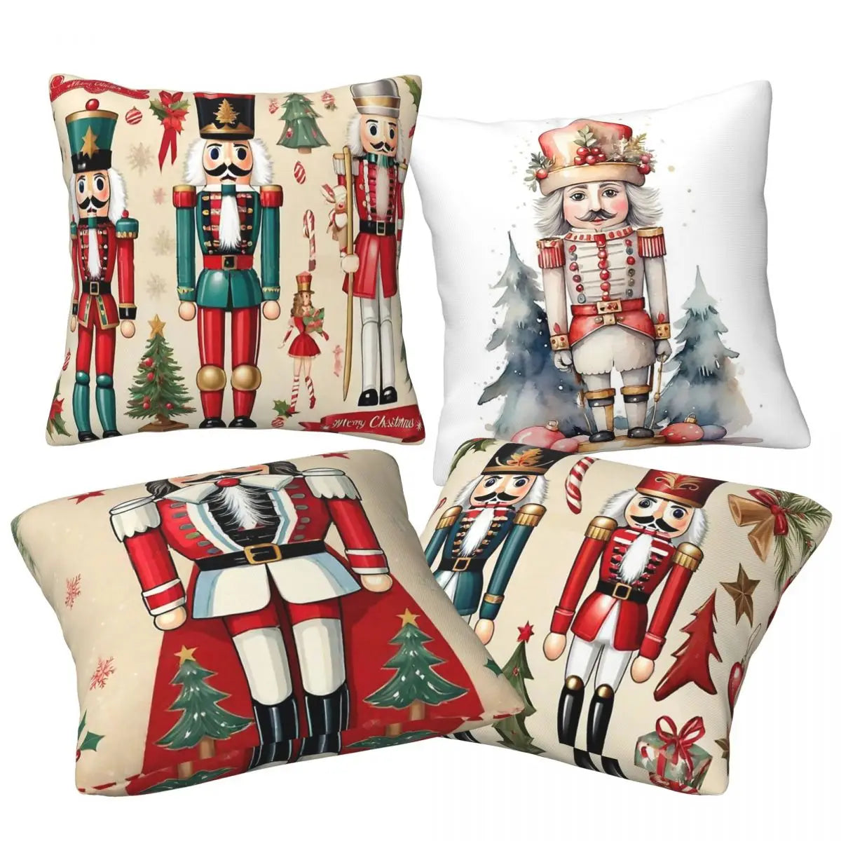 Christmas Nutcracker & Santa Claus Pillow Set – 4pcs Digital Printing Polyester Pillows (20x20in)