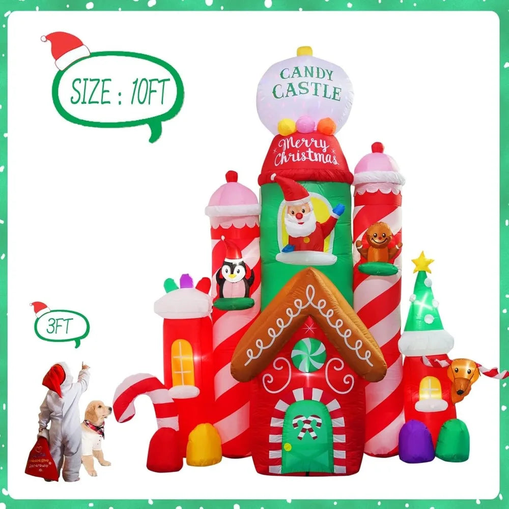 10ft Christmas Inflatable Candy Castle – Blow-Up Holiday Decoration with LED Lights