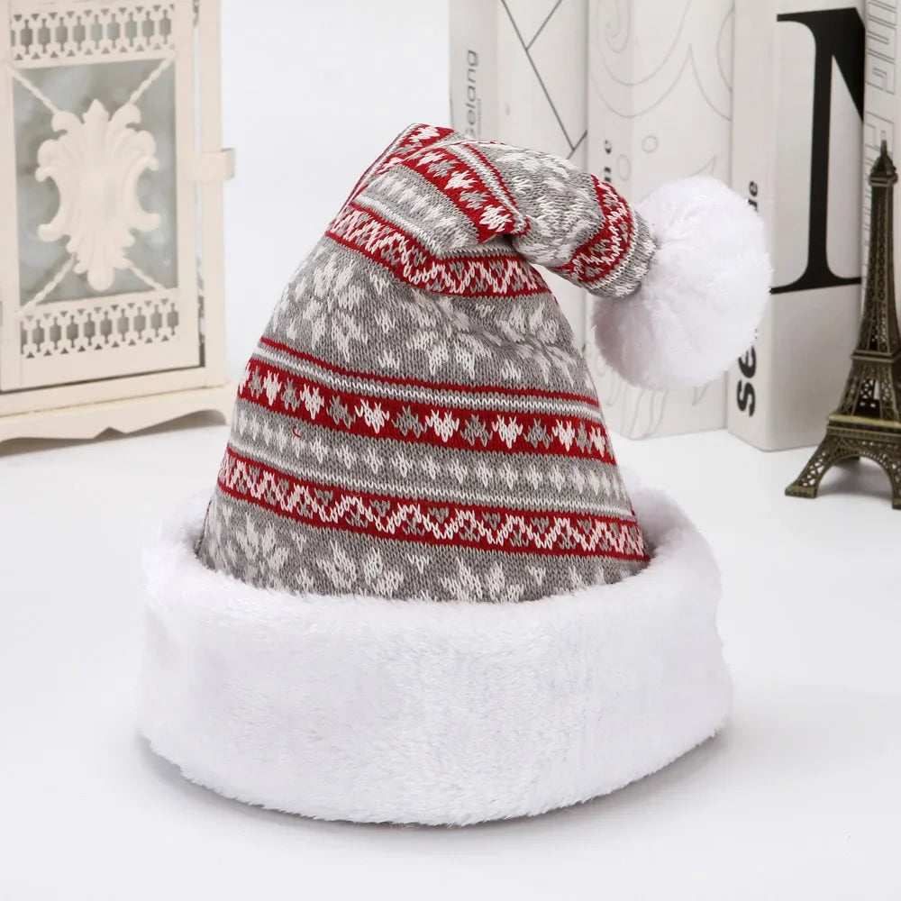 Snowflake & Elk Knitted Velvet Christmas Hat – Winter Thicken Hat for Adults