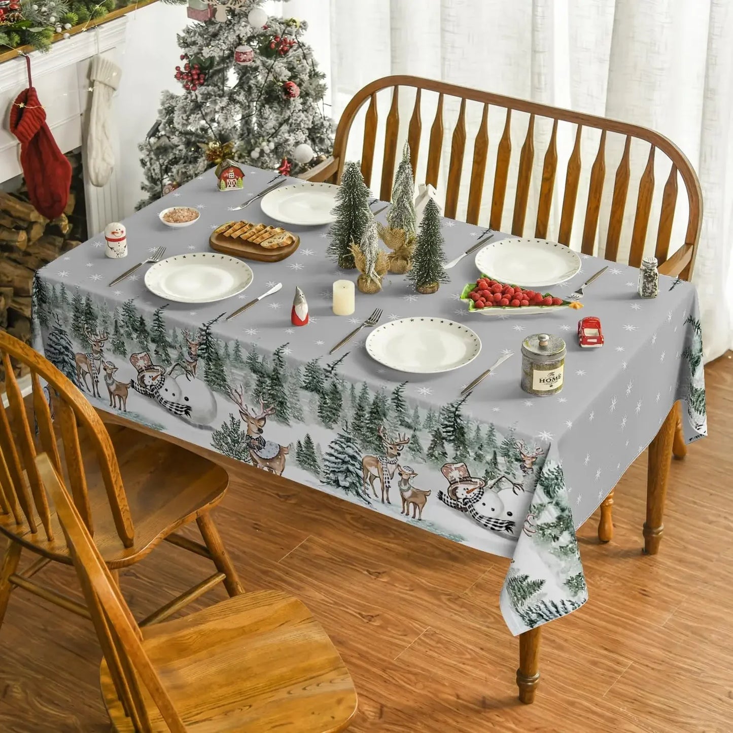 Christmas Elk & Snowman Rectangle Waterproof Tablecloth – Holiday Party Decor