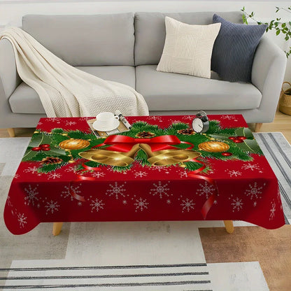 Christmas Festive Bells and Holly Rectangle Waterproof Tablecloth – Perfect Holiday Party Decor