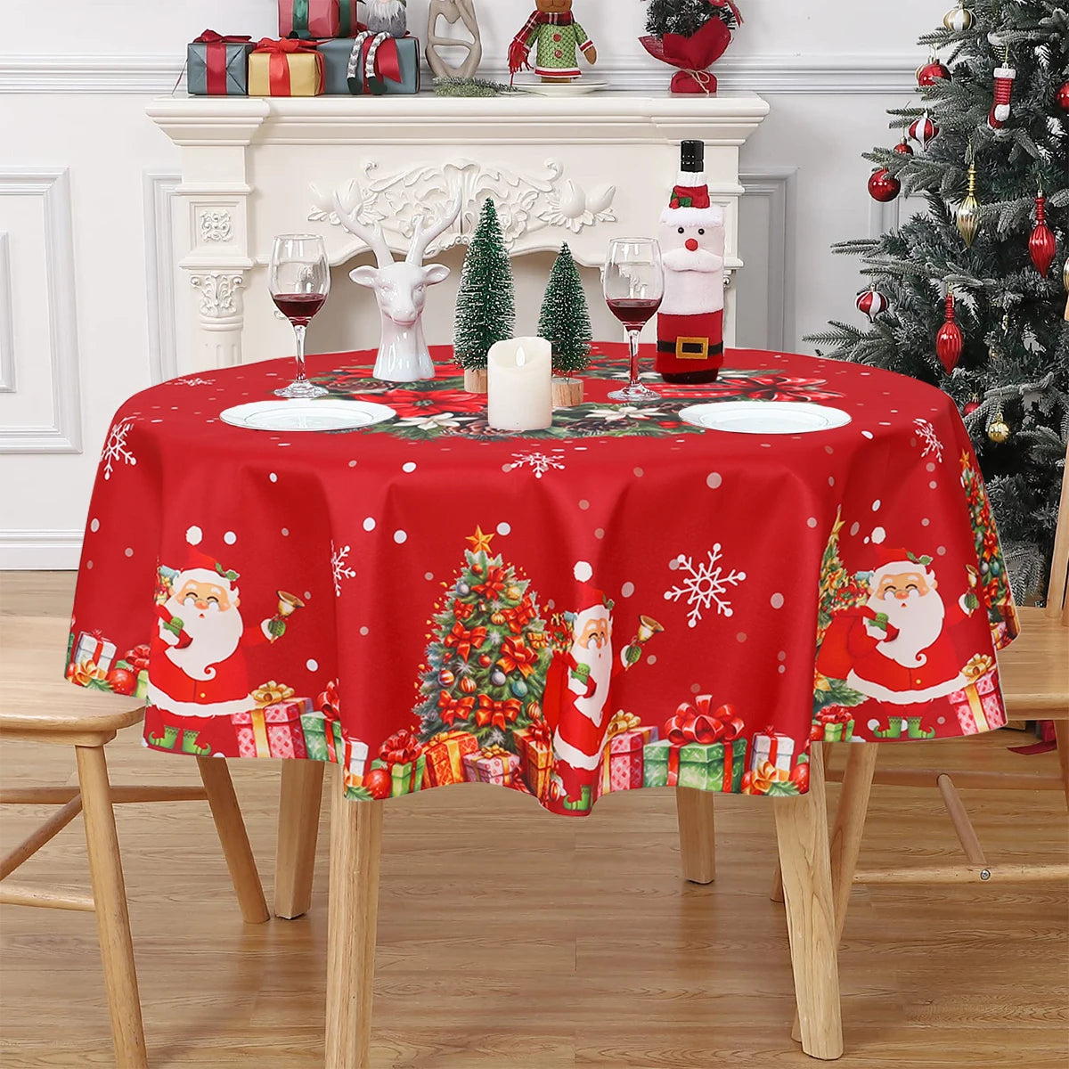 Christmas 2024 Polyester Round Tablecloth – Festive Merry Christmas Table Cover