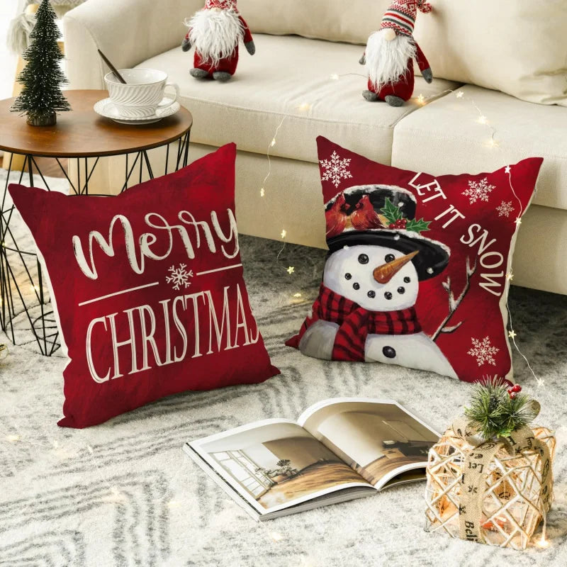 Merry Christmas Snowman Red Pillow Set – Christmas Tree Holiday Cushions for Sofa Décor (4-Piece Set)