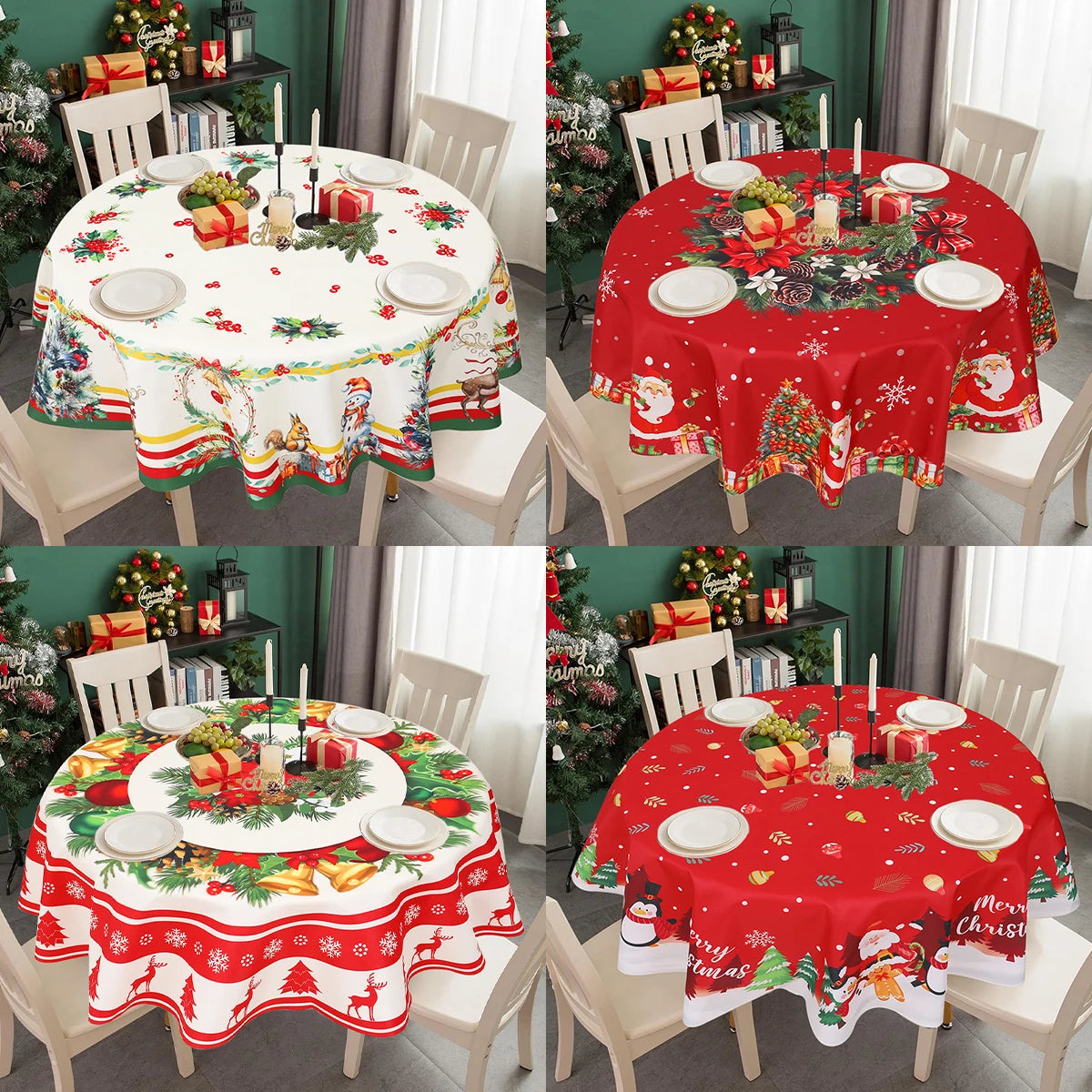 Christmas 2024 Polyester Round Tablecloth – Festive Merry Christmas Table Cover